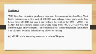 Problem 1
Wild Rice, Inc. expects to purchase a new asset for automated rice handling. Most
likely estimates are a first cost of $80,000, zero salvage value, and a cash flow
before taxes (CFBT) per year t that follows the relation $27,000 − 2000t. The
MARR for the company varies over a wide range from 10% to 25% per year for
different types of investments. The economic life of similar machinery varies from
8 to 12 years. Evaluate the sensitivity of PW by varying
(a) MARR, while assuming a constant n value of 10 years
 