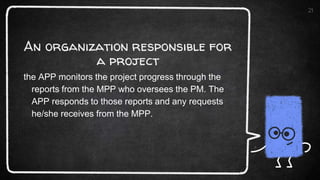 the APP monitors the project progress through the
reports from the MPP who oversees the PM. The
APP responds to those reports and any requests
he/she receives from the MPP.
21
 