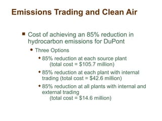  Cost of achieving an 85% reduction in
hydrocarbon emissions for DuPont
 Three Options
 85% reduction at each source plant
(total cost = $105.7 million)
 85% reduction at each plant with internal
trading (total cost = $42.6 million)
 85% reduction at all plants with internal and
external trading
(total cost = $14.6 million)
Emissions Trading and Clean Air
 