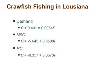 Crawfish Fishing in Lousiana
 Demand
C = 0.401 = 0.0064F
 MSC
C = -5.645 + 0.6509F
 PC
C = -0.357 + 0.0573F
 