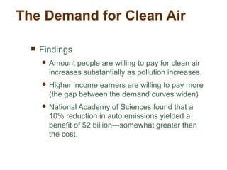 The Demand for Clean Air
 Findings
 Amount people are willing to pay for clean air
increases substantially as pollution increases.
 Higher income earners are willing to pay more
(the gap between the demand curves widen)
 National Academy of Sciences found that a
10% reduction in auto emissions yielded a
benefit of $2 billion---somewhat greater than
the cost.
 
