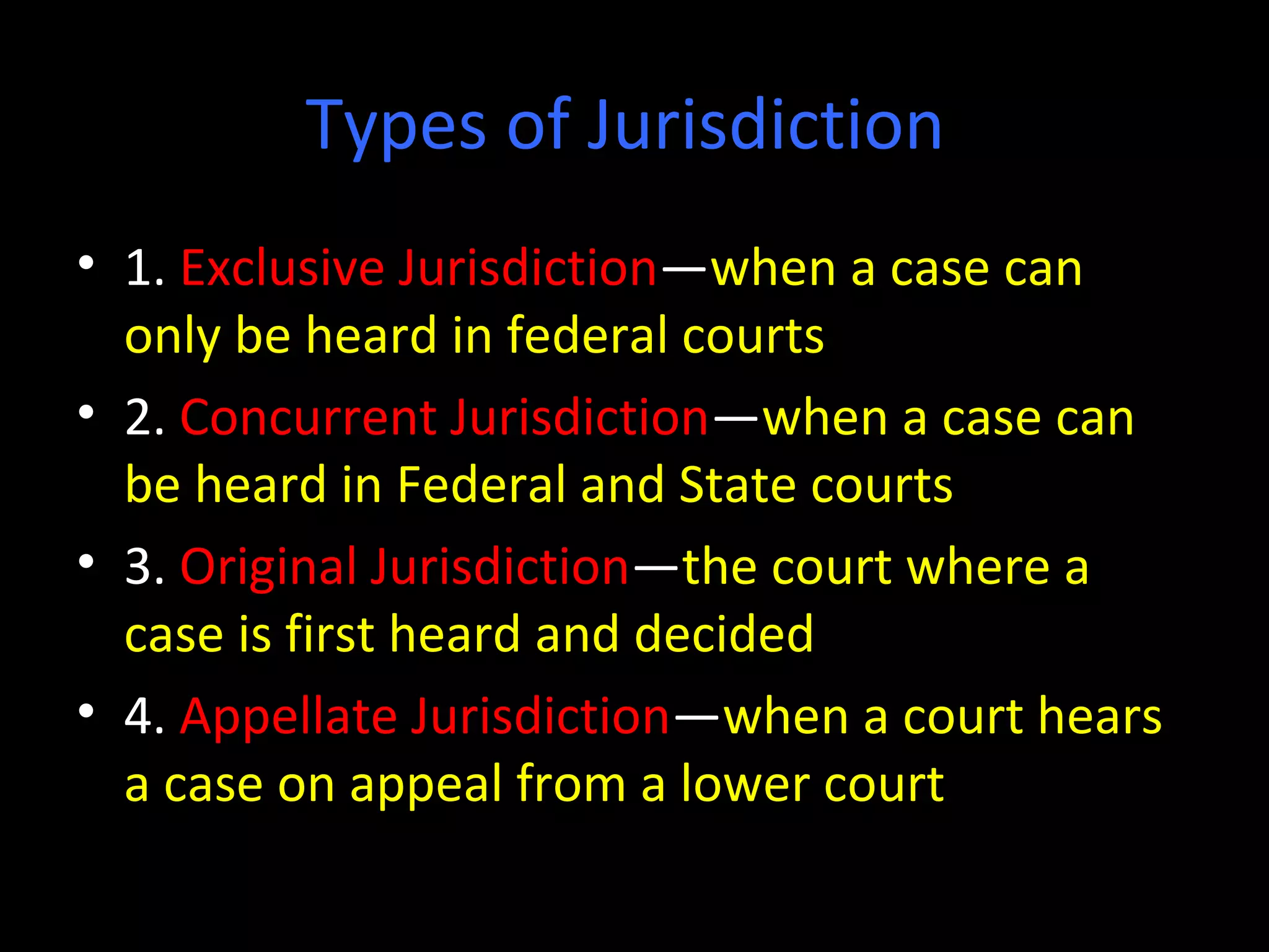 Types of Jurisdiction
• 1. Exclusive Jurisdiction—when a case can
only be heard in federal courts
• 2. Concurrent Jurisdiction—when a case can
be heard in Federal and State courts
• 3. Original Jurisdiction—the court where a
case is first heard and decided
• 4. Appellate Jurisdiction—when a court hears
a case on appeal from a lower court
 