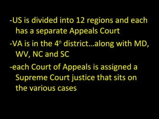 -US is divided into 12 regions and each
has a separate Appeals Court
-VA is in the 4th
district…along with MD,
WV, NC and SC
-each Court of Appeals is assigned a
Supreme Court justice that sits on
the various cases
 