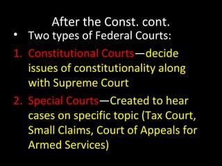 After the Const. cont.
• Two types of Federal Courts:
1. Constitutional Courts—decide
issues of constitutionality along
with Supreme Court
2. Special Courts—Created to hear
cases on specific topic (Tax Court,
Small Claims, Court of Appeals for
Armed Services)
 