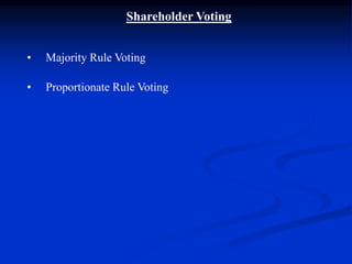 Shareholder Voting
• Majority Rule Voting
• Proportionate Rule Voting
 