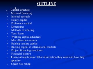 
OUTLINE
. Capital structure
· Menu of financing
· Internal accruals
· Equity capital
· Preference capital
· Debentures
· Methods of offering
· Term loans
· Working capital advances
· Miscellaneous sources
· Raising venture capital
· Raising capital in international markets
· Project financing structures
· Financial closure
. Financial institutions: What information they want and how they
appraise
. Credit risk rating
 