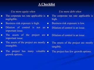 A Checklist
Use more equity when Use more debt when
 The corporate tax rate applicable is
negligible.
 The corporate tax rate applicable is
high.
 Business risk exposure is high.  Business risk exposure is low.
 Dilution of control is not an
important issue.
 Dilution of control is an issue.
 The assets of the project are
important issue.
 Dilution of control is an issue.
 The assets of the project are mostly
intangible.
 The assets of the project are mostly
tangible.
 The project has many valuable
growth options.
 The project has few growth options.
 