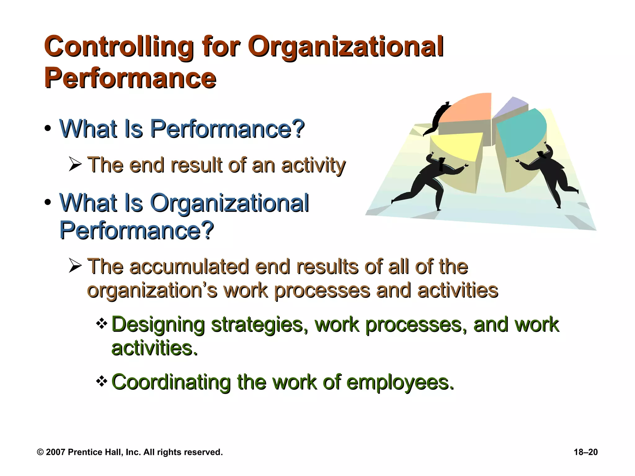 Controlling for Organizational Performance What Is Performance? The end result of an activity What Is Organizational  Performance? The accumulated end results of all of the organization’s work processes and activities Designing strategies, work processes, and work activities. Coordinating the work of employees. 