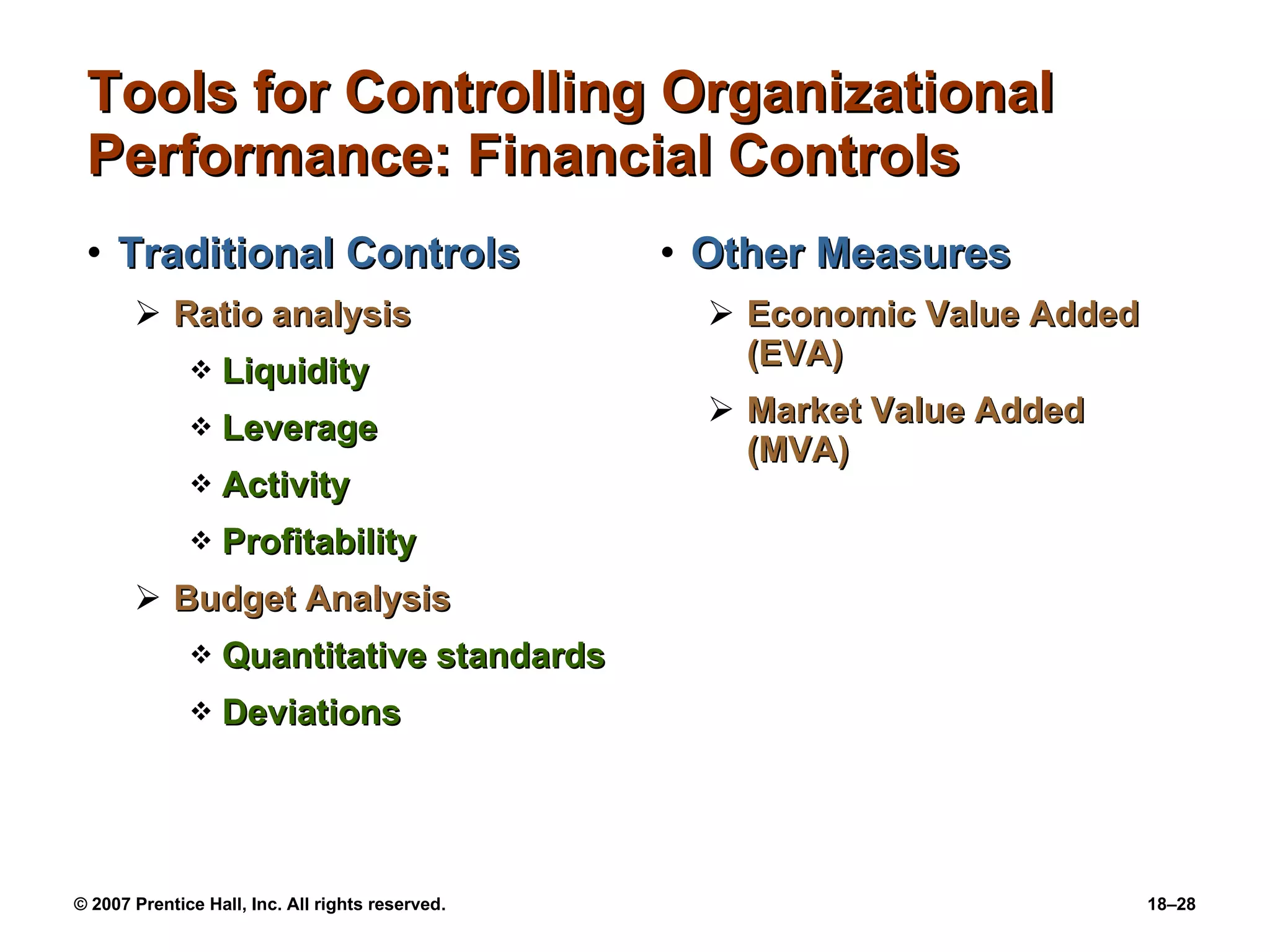 Tools for Controlling Organizational Performance: Financial Controls Traditional Controls Ratio analysis Liquidity Leverage Activity Profitability Budget Analysis Quantitative standards Deviations Other Measures Economic Value Added (EVA) Market Value Added (MVA) 