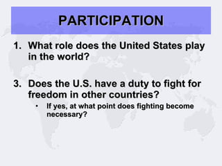 PARTICIPATION What role does the United States play in the world? Does the U.S. have a duty to fight for freedom in other countries? If yes, at what point does fighting become necessary?