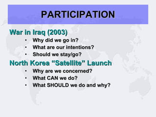 PARTICIPATION War in Iraq (2003) Why did we go in? What are our intentions? Should we stay/go? North Korea “Satellite” Launch Why are we concerned? What CAN we do? What SHOULD we do and why?
