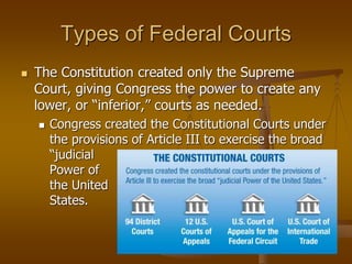 Types of Federal Courts
 The Constitution created only the Supreme
Court, giving Congress the power to create any
lower, or “inferior,” courts as needed.
 Congress created the Constitutional Courts under
the provisions of Article III to exercise the broad
“judicial
Power of
the United
States.
 