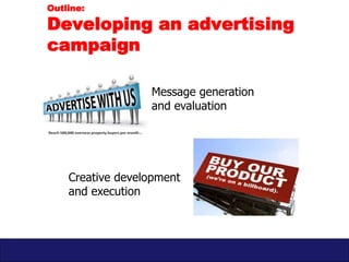 Outline: 
Developing an advertising 
campaign 
Message generation 
and evaluation 
Creative development 
and execution 
 