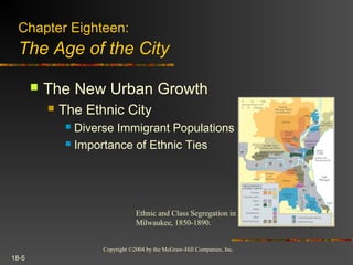 Copyright ©2004 by the McGraw-Hill Companies, Inc.
18-5
 The New Urban Growth
 The Ethnic City
 Diverse Immigrant Populations
 Importance of Ethnic Ties
Chapter Eighteen:
The Age of the City
Ethnic and Class Segregation in
Milwaukee, 1850-1890.
 