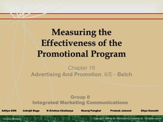
                                   Measuring the
                                 Effectiveness of the
                                Promotional Program
                                         Chapter 19
                           Advertising And Promotion, 6/E - Belch



                                          Group 8
                            Integrated Marketing Communications
Aditya GSN           Indrajit Bage   N Krishna Chaitanya   Neeraj Panghal           Prateek Jaiswal                  Silpa Kamath


 McGraw-Hill/Irwin                                                 Copyright © 2009 by The McGraw-Hill Companies, Inc. All rights reserved.
 