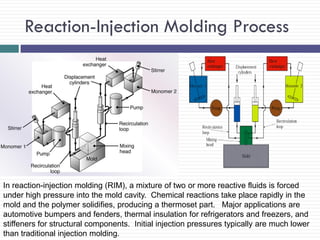 Reaction-Injection Molding Process

In reaction-injection molding (RIM), a mixture of two or more reactive fluids is forced
under high pressure into the mold cavity. Chemical reactions take place rapidly in the
mold and the polymer solidifies, producing a thermoset part. Major applications are
automotive bumpers and fenders, thermal insulation for refrigerators and freezers, and
stiffeners for structural components. Initial injection pressures typically are much lower
than traditional injection molding.

 