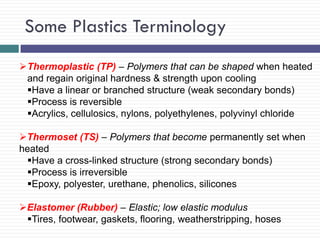 Some Plastics Terminology
Thermoplastic (TP) – Polymers that can be shaped when heated
and regain original hardness & strength upon cooling
Have a linear or branched structure (weak secondary bonds)
Process is reversible
Acrylics, cellulosics, nylons, polyethylenes, polyvinyl chloride
Thermoset (TS) – Polymers that become permanently set when
heated
Have a cross-linked structure (strong secondary bonds)
Process is irreversible
Epoxy, polyester, urethane, phenolics, silicones
Elastomer (Rubber) – Elastic; low elastic modulus
Tires, footwear, gaskets, flooring, weatherstripping, hoses

 