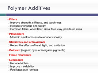 Polymer Additives
• Fillers
Improve strength, stiffness, and toughness
Reduce shrinkage and weight
Common fillers: wood flour, silica flour, clay, powdered mica
• Plasticizers
Added in small amounts to reduce viscosity
• Stabilizers and antioxidants
Retard the effects of heat, light, and oxidation
• Colorant (organic dyes or inorganic pigments)
• Flame retardants
• Lubricants
Reduce friction
Improve moldability
Facilitates part removal

 