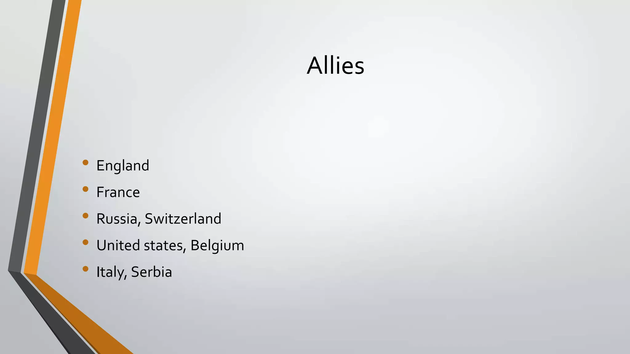 Allies

• England
• France
• Russia, Switzerland
• United states, Belgium
• Italy, Serbia

 