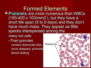Formed ElementsFormed Elements
 PlateletsPlatelets are more numerous than WBCsare more numerous than WBCs
(150-400 x 103/mm3 ), but they have a(150-400 x 103/mm3 ), but they have a
short life span (5 to 9 days) and they don’tshort life span (5 to 9 days) and they don’t
have much mass. They appear as littlehave much mass. They appear as little
specks interspersed among thespecks interspersed among the
many red cellsmany red cells
–Their granulesTheir granules
contain chemicals that,contain chemicals that,
once released, promoteonce released, promote
blood clottingblood clotting
 