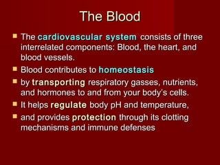 The BloodThe Blood
 TheThe cardiovascular systemcardiovascular system consists of threeconsists of three
interrelated components: Blood, the heart, andinterrelated components: Blood, the heart, and
blood vessels.blood vessels.
 Blood contributes toBlood contributes to homeostasishomeostasis
 byby transportingtransporting respiratory gasses, nutrients,respiratory gasses, nutrients,
and hormones to and from your body’s cells.and hormones to and from your body’s cells.
 It helpsIt helps regulateregulate body pH and temperature,body pH and temperature,
 and providesand provides protectionprotection through its clottingthrough its clotting
mechanisms and immune defensesmechanisms and immune defenses
 