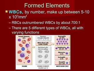 Formed ElementsFormed Elements
 WBCs,WBCs, by number, make up between 5-10by number, make up between 5-10
x 10x 1033
/mm/mm33
– RBCs outnumbered WBCs by about 700:1RBCs outnumbered WBCs by about 700:1
– There are 5 different types of WBCs, all withThere are 5 different types of WBCs, all with
varying functionsvarying functions
 