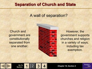 1 2 3
Go To
Section: 4
Separation of Church and State
Chapter 19, Section 2
3 4
1
Church and
government are
constitutionally
separated from
one another.
However, the
government supports
churches and religion
in a variety of ways,
including tax
exemption.
A wall of separation?
 