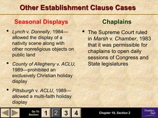 1 2 3
Go To
Section: 4
Other Establishment Clause Cases
Seasonal Displays
• Lynch v. Donnelly, 1984—
allowed the display of a
nativity scene along with
other nonreligious objects on
public land
• County of Allegheny v. ACLU,
1989—prohibited an
exclusively Christian holiday
display
• Pittsburgh v. ACLU, 1989—
allowed a multi-faith holiday
display
Chaplains
• The Supreme Court ruled
in Marsh v. Chamber, 1983
that it was permissible for
chaplains to open daily
sessions of Congress and
State legislatures
Chapter 19, Section 2
3 4
1
 