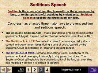 1 2 3
Go To
Section: 4
Seditious Speech
Chapter 19, Section 3
2 4
1
Congress has enacted three major laws to prevent sedition
and seditious speech:
• The Alien and Sedition Acts—made scandalous or false criticism of the
government illegal. Expired before Thomas Jefferson took office in 1801.
• The Sedition Act of 1917—made it a crime to encourage disloyalty or
spread anti-government ideas during a time of crisis. Upheld by the
Supreme Court in instances of “clear and present danger.”
• The Smith Act of 1940—forbade advocating violent overthrow of the
government, and belonging knowingly to any group that does. The
Supreme Court still upholds the constitutionality of the law, but over time
has modified it so that it is difficult to enforce.
Sedition is the crime of attempting to overthrow the government by
force, or to disrupt its lawful activities by violent acts. Seditious
speech is speech that urges such conduct.
 