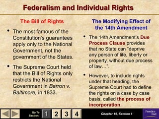 1 2 3
Go To
Section: 4
Federalism and Individual Rights
Chapter 19, Section 1
2 3 4
The Bill of Rights
• The most famous of the
Constitution’s guarantees
apply only to the National
Government, not the
government of the States.
• The Supreme Court held
that the Bill of Rights only
restricts the National
Government in Barron v.
Baltimore, in 1833.
The Modifying Effect of
the 14th Amendment
• The 14th Amendment’s Due
Process Clause provides
that no State can “deprive
any person of life, liberty or
property, without due process
of law…”.
• However, to include rights
under that heading, the
Supreme Court had to define
the rights on a case by case
basis, called the process of
incorporation.
 
