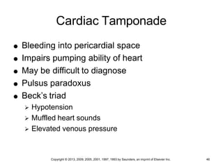 Copyright © 2013, 2009, 2005, 2001, 1997, 1993 by Saunders, an imprint of Elsevier Inc. 46
Cardiac Tamponade
 Bleeding into pericardial space
 Impairs pumping ability of heart
 May be difficult to diagnose
 Pulsus paradoxus
 Beck’s triad
 Hypotension
 Muffled heart sounds
 Elevated venous pressure
 