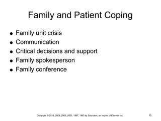 Copyright © 2013, 2009, 2005, 2001, 1997, 1993 by Saunders, an imprint of Elsevier Inc. 75
Family and Patient Coping
 Family unit crisis
 Communication
 Critical decisions and support
 Family spokesperson
 Family conference
 