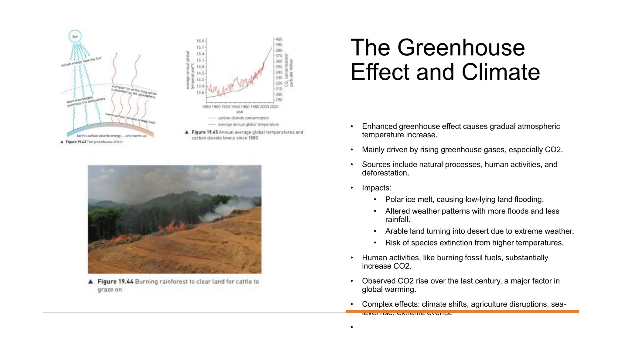 The Greenhouse
Effect and Climate
• Enhanced greenhouse effect causes gradual atmospheric
temperature increase.
• Mainly driven by rising greenhouse gases, especially CO2.
• Sources include natural processes, human activities, and
deforestation.
• Impacts:
• Polar ice melt, causing low-lying land flooding.
• Altered weather patterns with more floods and less
rainfall.
• Arable land turning into desert due to extreme weather.
• Risk of species extinction from higher temperatures.
• Human activities, like burning fossil fuels, substantially
increase CO2.
• Observed CO2 rise over the last century, a major factor in
global warming.
• Complex effects: climate shifts, agriculture disruptions, sea-
level rise, extreme events.
•
 