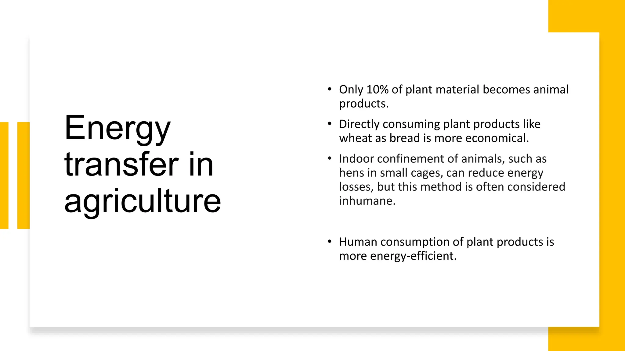 Energy
transfer in
agriculture
• Only 10% of plant material becomes animal
products.
• Directly consuming plant products like
wheat as bread is more economical.
• Indoor confinement of animals, such as
hens in small cages, can reduce energy
losses, but this method is often considered
inhumane.
• Human consumption of plant products is
more energy-efficient.
 
