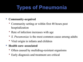Types of Pneumonia
 Community-acquired
 Community setting or within first 48 hours post
hospitalization
 Rate of infection increases with age
 S. Pneumoniae is the most common cause among adults
 Viral origin in infants and children
 Health care–associated
 Often caused by multidrug resistant organisms
‐
 Early diagnosis and treatment are critical
 
