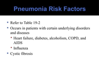 Pneumonia Risk Factors
 Refer to Table 19-2
 Occurs in patients with certain underlying disorders
and diseases
 Heart failure, diabetes, alcoholism, COPD, and
AIDS
 Influenza
 Cystic fibrosis
 