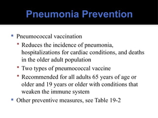 Pneumonia Prevention
 Pneumococcal vaccination
 Reduces the incidence of pneumonia,
hospitalizations for cardiac conditions, and deaths
in the older adult population
 Two types of pneumococcal vaccine
 Recommended for all adults 65 years of age or
older and 19 years or older with conditions that
weaken the immune system
 Other preventive measures, see Table 19-2
 