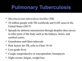 Pulmonary Tuberculosis
 Mycobacterium tuberculosis bacillus (TB)
 10 million people with TB worldwide and 9,105 cases in the
United States (2017)
 Spreads by airborne transmission through droplets then moves
to other parts of the body such as the kidneys, bones, and
cerebral cortex.
 Granulomas and Ghon tubercule
 Risk factors for TB, refer to Chart 19-10
 Low grade fever
‐
 Cough; nonproductive or mucopurulent; hemoptysis
 Night sweats, fatigue, weight loss
 