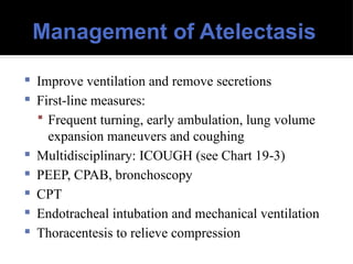Management of Atelectasis
 Improve ventilation and remove secretions
 First line measures:
‐
 Frequent turning, early ambulation, lung volume
expansion maneuvers and coughing
 Multidisciplinary: ICOUGH (see Chart 19 3)
‐
 PEEP, CPAB, bronchoscopy
 CPT
 Endotracheal intubation and mechanical ventilation
 Thoracentesis to relieve compression
 