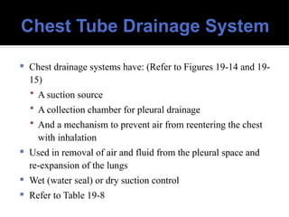 Chest Tube Drainage System
 Chest drainage systems have: (Refer to Figures 19-14 and 19-
15)
 A suction source
 A collection chamber for pleural drainage
 And a mechanism to prevent air from reentering the chest
with inhalation
 Used in removal of air and fluid from the pleural space and
re-expansion of the lungs
 Wet (water seal) or dry suction control
 Refer to Table 19-8
 