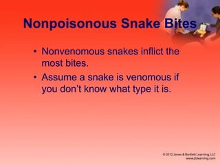 Nonpoisonous Snake Bites
• Nonvenomous snakes inflict the
most bites.
• Assume a snake is venomous if
you don’t know what type it is.
 