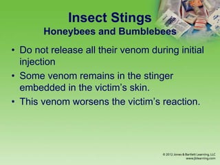 Insect Stings
Honeybees and Bumblebees
• Do not release all their venom during initial
injection
• Some venom remains in the stinger
embedded in the victim’s skin.
• This venom worsens the victim’s reaction.
 