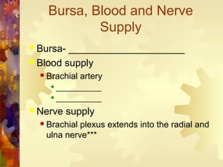 Bursa, Blood and Nerve
Supply
 Bursa- _____________________
 Blood supply
 Brachial artery
 ___________
 ___________
 Nerve supply
 Brachial plexus extends into the radial and
ulna nerve***
 