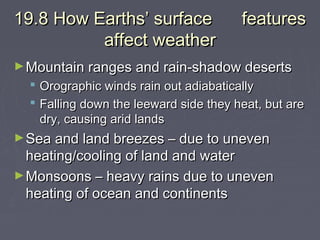 19.8 How Earths’ surface
affect weather

features

► Mountain ranges and rain-shadow deserts




Orographic winds rain out adiabatically
Falling down the leeward side they heat, but are
dry, causing arid lands

► Sea and land breezes – due to uneven

heating/cooling of land and water
► Monsoons – heavy rains due to uneven
heating of ocean and continents

 