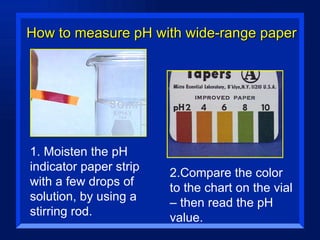 How to measure pH with wide-range paper 1. Moisten the pH indicator paper strip with a few drops of solution, by using a stirring rod. 2.Compare the color to the chart on the vial – then read the pH value. 