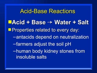Acid-Base Reactions Acid + Base    Water + Salt Properties related to every day: antacids depend on neutralization farmers adjust the soil pH human body kidney stones from insoluble salts 