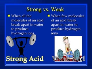Strong vs. Weak When all the molecules of an acid break apart in water to produce hydrogen ions When few molecules of an acid break apart in water to produce hydrogen ions 