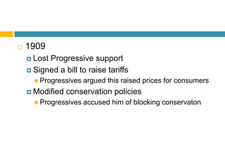    1909
     LostProgressive support
     Signed a bill to raise tariffs
       Progressives   argued this raised prices for consumers
     Modified   conservation policies
       Progressives   accused him of blocking conservaton
 