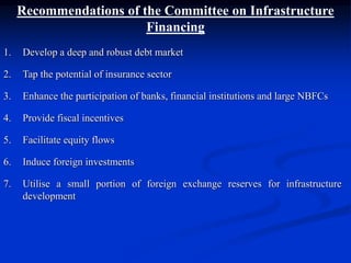 Recommendations of the Committee on Infrastructure
Financing
1. Develop a deep and robust debt market
2. Tap the potential of insurance sector
3. Enhance the participation of banks, financial institutions and large NBFCs
4. Provide fiscal incentives
5. Facilitate equity flows
6. Induce foreign investments
7. Utilise a small portion of foreign exchange reserves for infrastructure
development
 