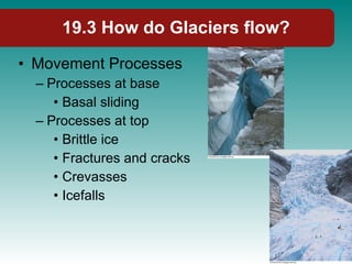 19.3 How do Glaciers flow? Movement Processes Processes at base Basal sliding Processes at top Brittle ice Fractures and cracks Crevasses Icefalls 